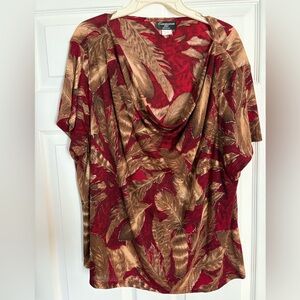 Chic Leaf Print Women's Top in Red and Brown